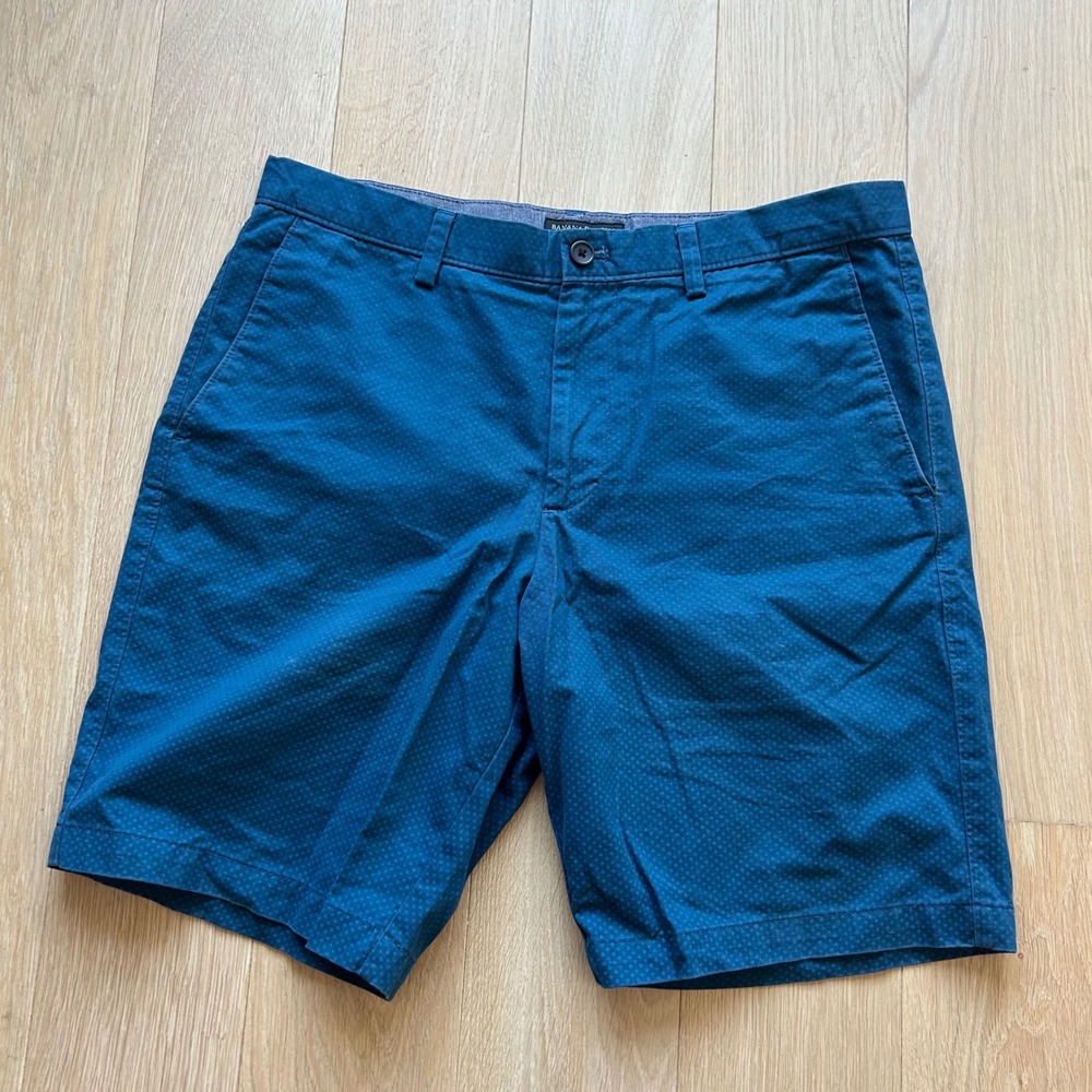 Banana Republic Factory Aiden Shorts Mens 35‎ Teal Blue Micro Dot Chino Cotton